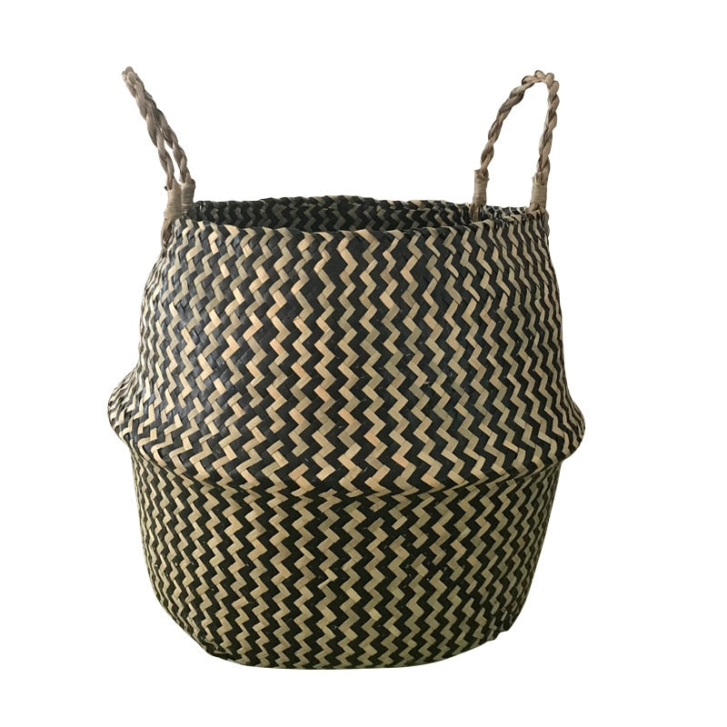 Foldable Handmade Seagrass Storage Basket Wicker Rattan Belly Straw Home Garden Flower Pot Wave Pattern Planter Laundry BasketWF