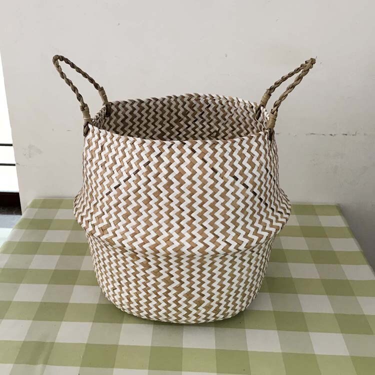 Foldable Handmade Seagrass Storage Basket Wicker Rattan Belly Straw Home Garden Flower Pot Wave Pattern Planter Laundry BasketWF