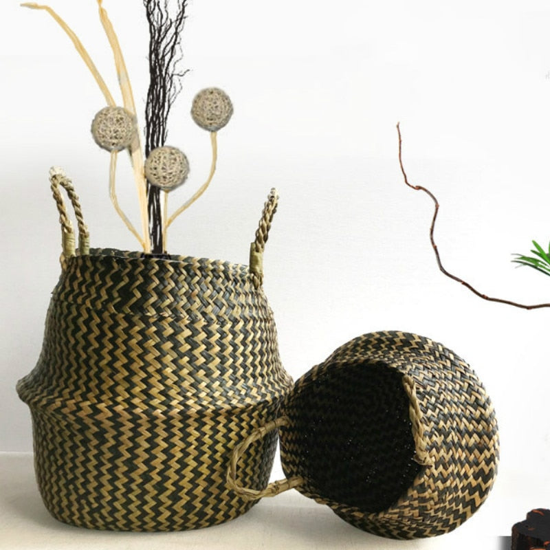 Foldable Handmade Seagrass Storage Basket Wicker Rattan Belly Straw Home Garden Flower Pot Wave Pattern Planter Laundry BasketWF