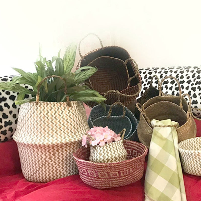 Foldable Handmade Seagrass Storage Basket Wicker Rattan Belly Straw Home Garden Flower Pot Wave Pattern Planter Laundry BasketWF