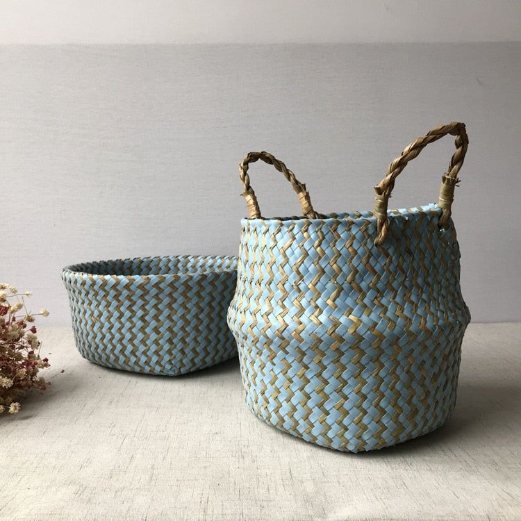 Foldable Handmade Seagrass Storage Basket Wicker Rattan Belly Straw Home Garden Flower Pot Wave Pattern Planter Laundry BasketWF