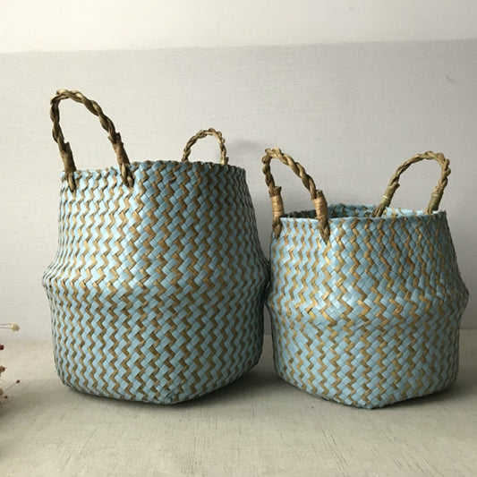 Foldable Handmade Seagrass Storage Basket Wicker Rattan Belly Straw Home Garden Flower Pot Wave Pattern Planter Laundry BasketWF