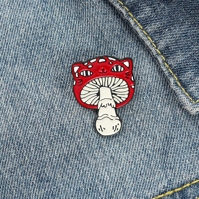 Cat Face Mushroom Enamel Pin Custom Animal Plant Brooch Bag Clothes Lapel Pin Badge Cartoon Jewelry Gift for Kids Friends