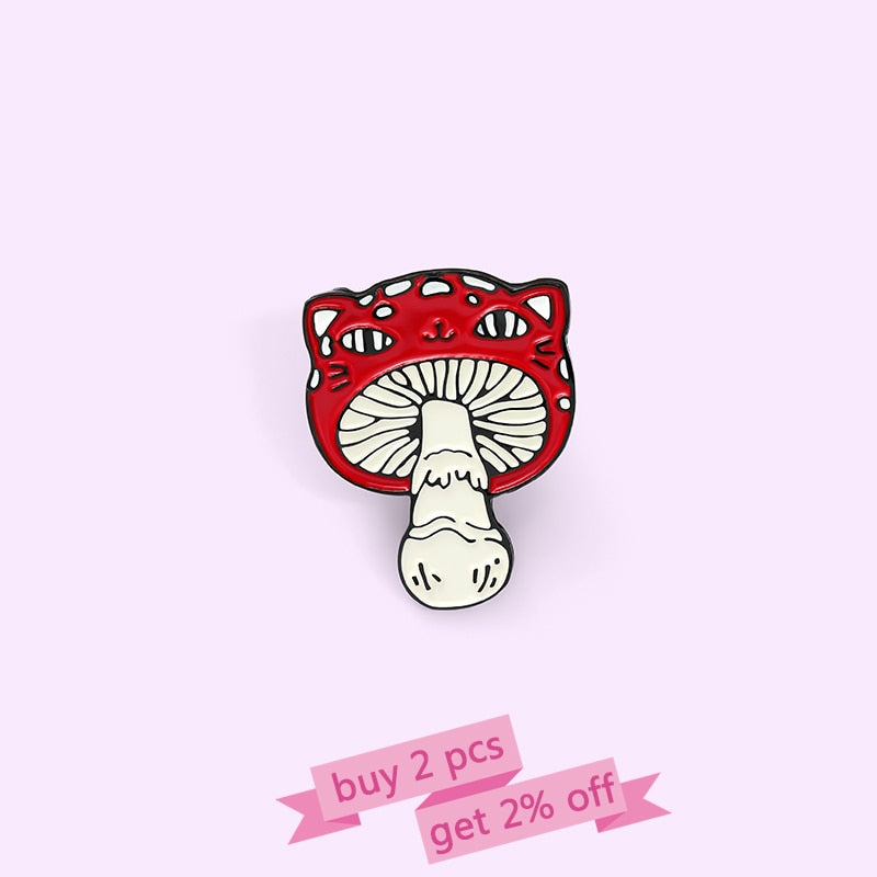 Cat Face Mushroom Enamel Pin Custom Animal Plant Brooch Bag Clothes Lapel Pin Badge Cartoon Jewelry Gift for Kids Friends