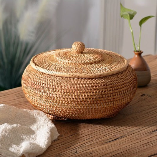 Round Rattan Boxes with Lid Hand-Woven Multi-Purpose Wicker Tray 11 Inch Picnic Food Bread Table Storage Basket WF