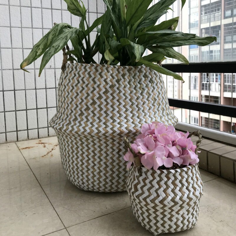 Foldable Handmade Seagrass Storage Basket Wicker Rattan Belly Straw Home Garden Flower Pot Wave Pattern Planter Laundry BasketWF