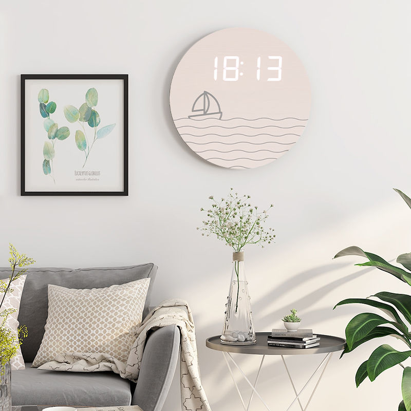 Home Living Room Decor Wooden LED Digital Wall Clock Modern Home Decoration Creative Round Electronic Clock Desktop Accessories