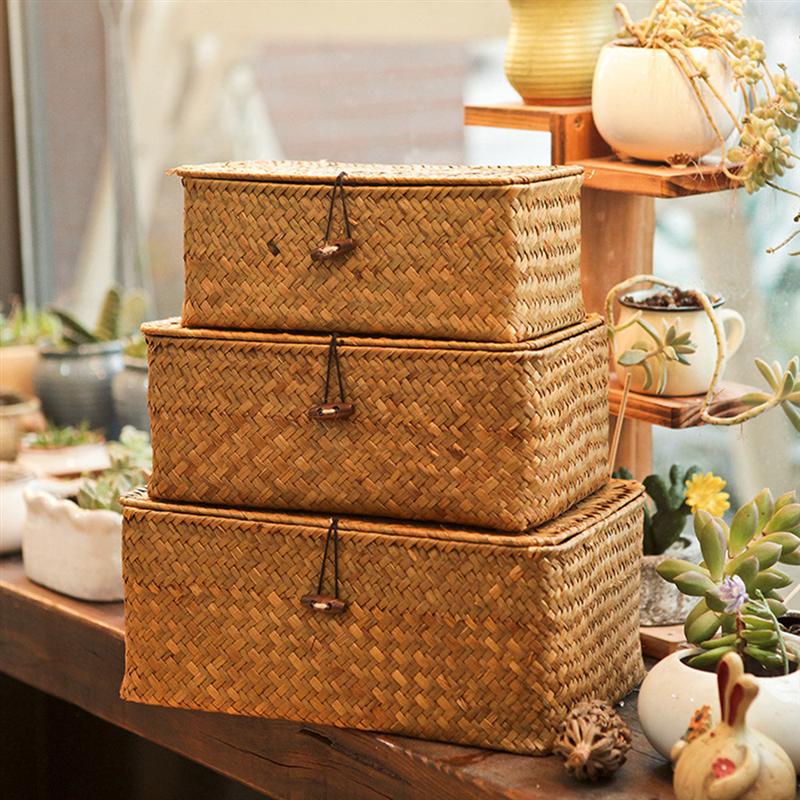 1PCS Manual Woven Storage Basket Lid Debris Consolidation Storage Box Storage Basket Sorting Box Jewelry Box WF1016