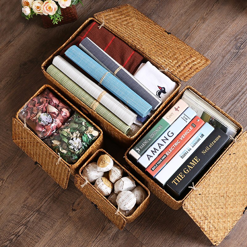 1PCS Manual Woven Storage Basket Lid Debris Consolidation Storage Box Storage Basket Sorting Box Jewelry Box WF1016