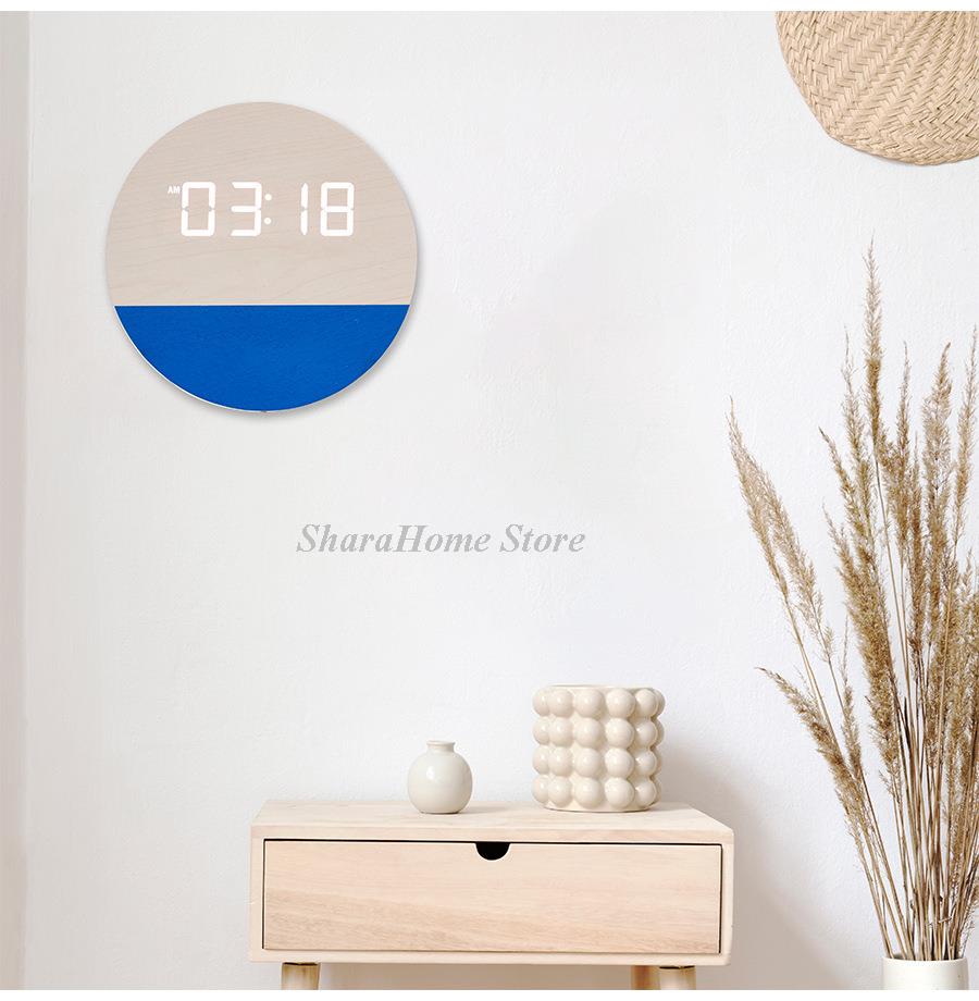 Home Living Room Decor Wooden LED Digital Wall Clock Modern Home Decoration Creative Round Electronic Clock Desktop Accessories