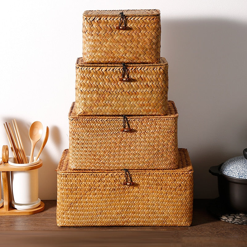 1PCS Manual Woven Storage Basket Lid Debris Consolidation Storage Box Storage Basket Sorting Box Jewelry Box WF1016