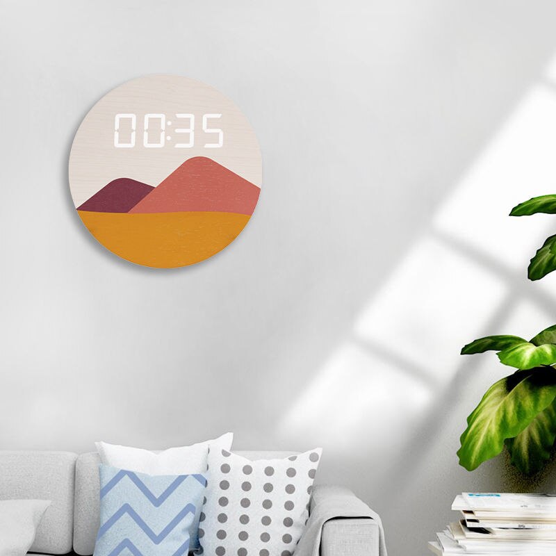 Home Living Room Decor Wooden LED Digital Wall Clock Modern Home Decoration Creative Round Electronic Clock Desktop Accessories