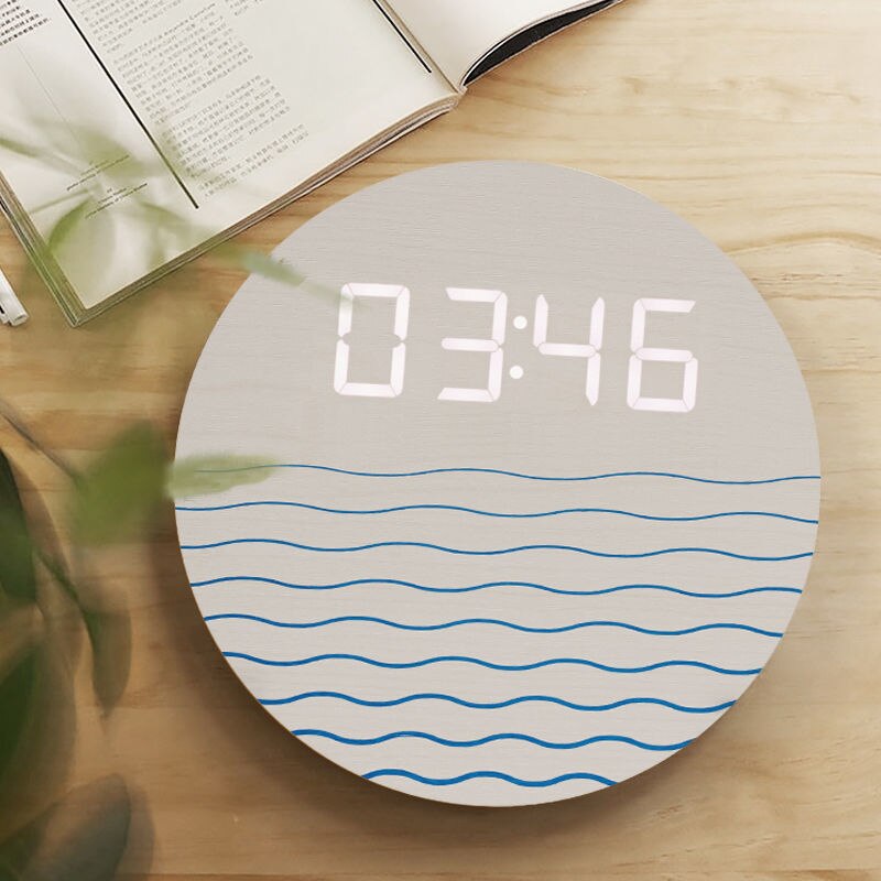 Home Living Room Decor Wooden LED Digital Wall Clock Modern Home Decoration Creative Round Electronic Clock Desktop Accessories